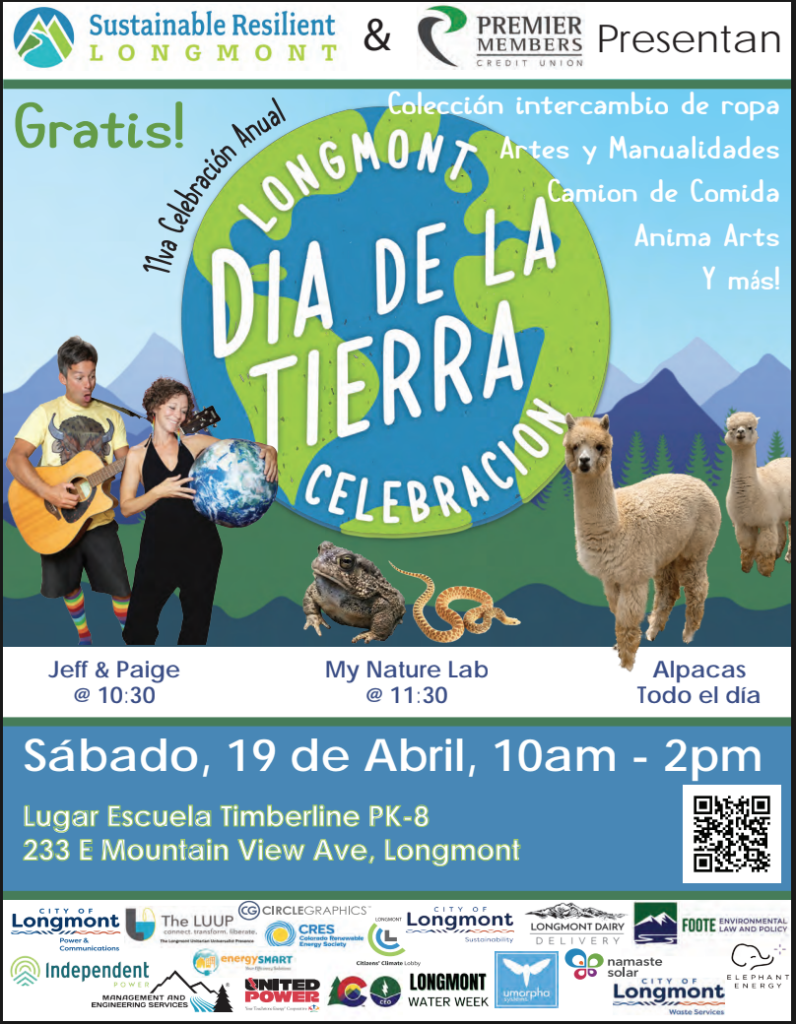 Promotional poster for Longmont's Earth Day celebration with activities, performers, and location details.